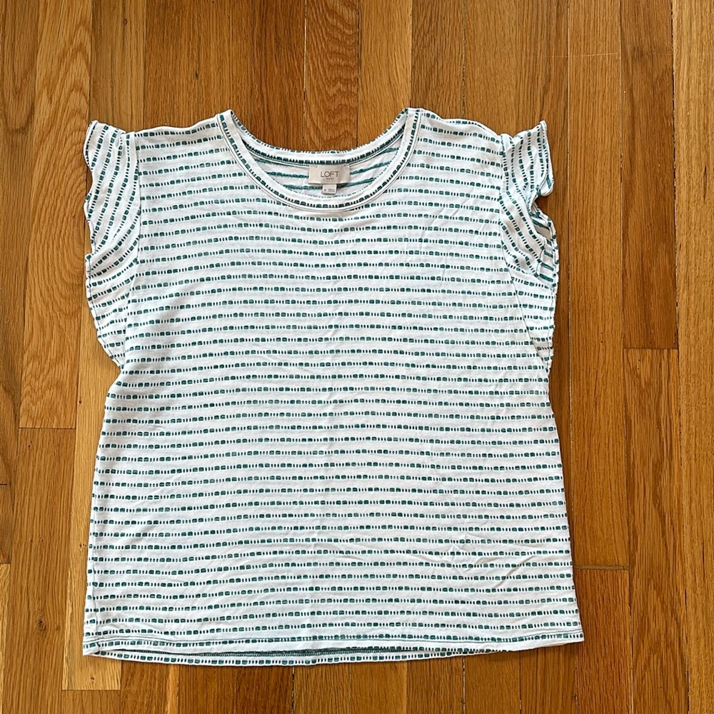 LOFT White and Teal Tee Shirt, Size Medium